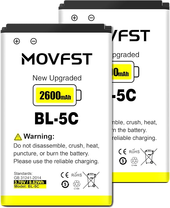 2Pcs Pack Rechargeable BL-5C Battery,2600mAh High Capacity Suitable for Nokia,Household Radio with Current Protection
