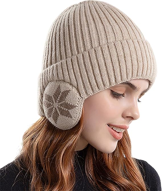 JIAHG Winter Knitted Fleece Beanie Cap Thermal Warm Stretchy Skull Cap with Thickened Earflaps for Men Women Outdoor Headwear
