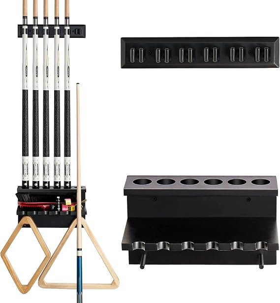 EXTCCT Wall Mount Pool Stick Holder - Billiards Pool Cue Rack Hardwood Pool Cue Set Holder for 6 Cues Sticks Storage Pool Table Accessories Equipment Organizer