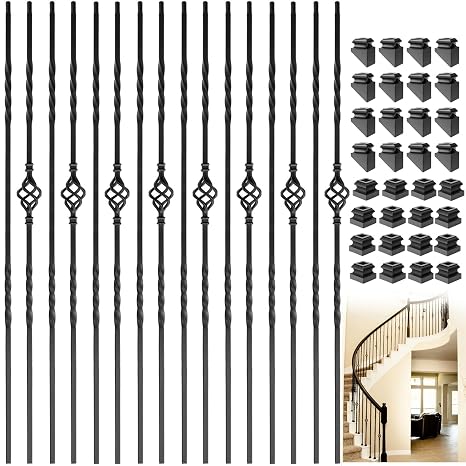 Iron Balusters for Staircase 30 Pack, Wrought Iron Balusters, 1/2" Hollow Single Basket Stair Spindles Stair Balusters, Metal Balusters for Decks W/ 60 Pack Baluster Shoes