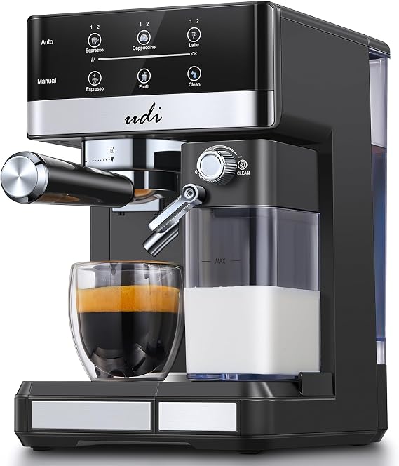 UDI Espresso Machine, 20 Bar Automatic Cappuccino & Latte Coffee Maker | Auto or Manual Quick Brew Dual Boiler, Touchscreen Espresso Maker (Black+Sliver)