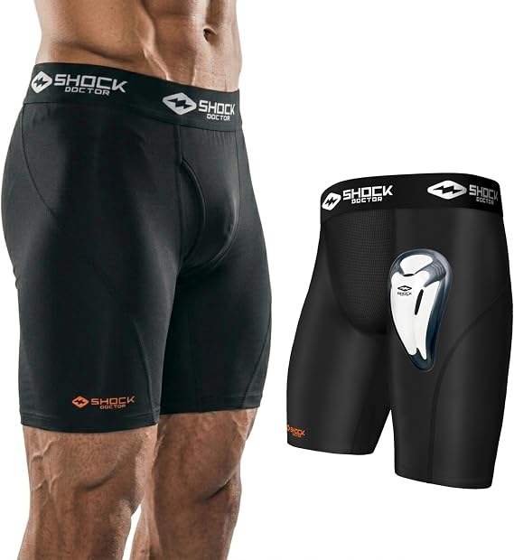 Shock Doctor Compression Shorts with Protective Bio-Flex Cup, Moisture Wicking Vented Protection - Adult
