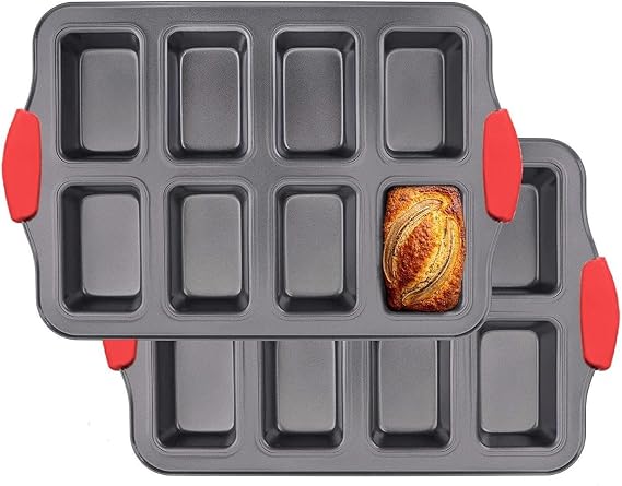 Mini Loaf Pans Nonstick, Bread Muffin Pan with Silicone Handle for Oven, 8 Cavity, Carbon Steel, Dishwasher Safe & Easy Cleanup Small Loaf Tray, for Baking, Gray, 2 Packs
