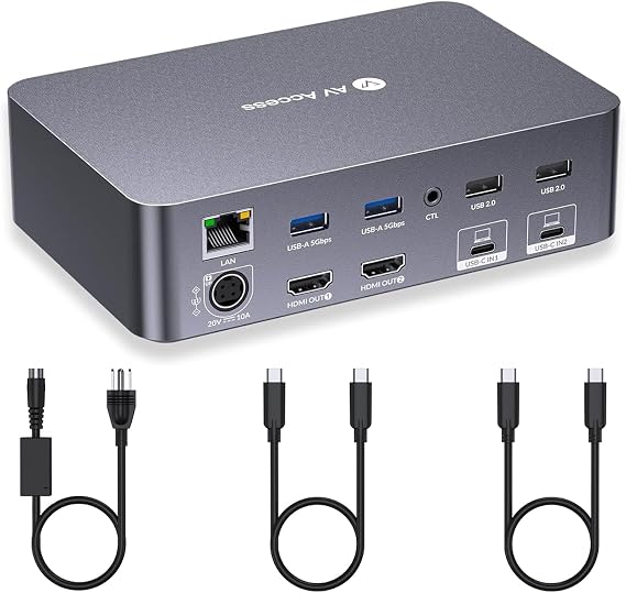 AV Access KVM Switch Dock 2 Monitors 2 Laptops, 4K KVM Switch Dual Monitor, 2 USB C MST Ports, 60W PD for Each PC, 1G Ethernet, EDID Emulation, 2K@144Hz, 1080P@240Hz, Ideal for Home Office & Gaming