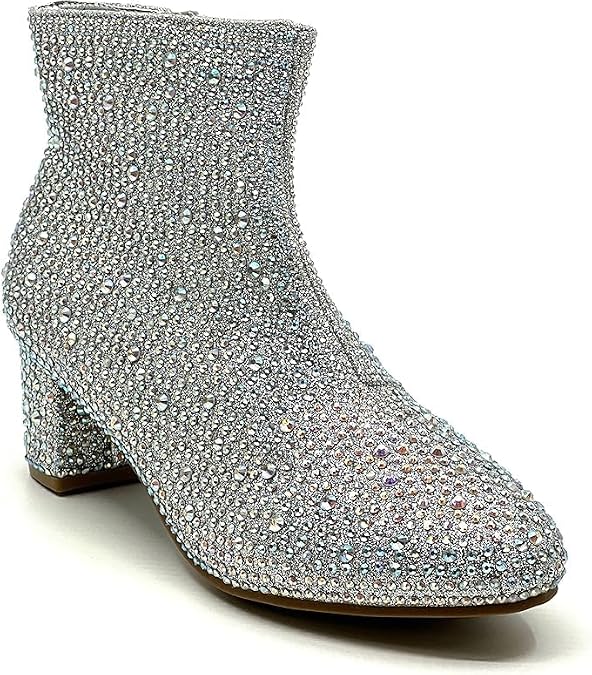 Forever Girls Rhinestone Boots Kids Low Heel Dress Booties Iceberg-12K Shoes Silver Rhinestone 9