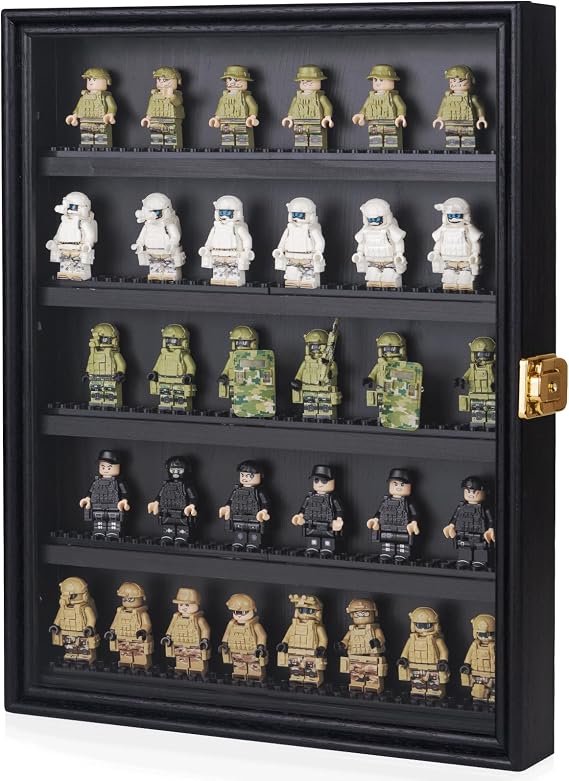 Minifigure Display Case 11X14 Inch with Lock,Figures Building Block Toy Wooden Shadow Box,Miniature Collectibles Display Cabinet Wall Mount or Tabletop for Storage Mini Figure Black