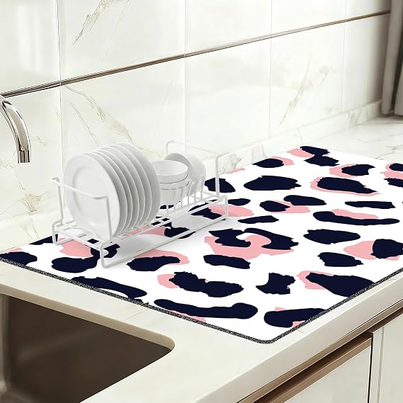 Dish Drying Mat 16" X 24", Super Absorbent & Cuttable Coffee Mats for Countertop, Kitchen Counter Mat Fits Under Coffee Maker or Machine, Hide Stain Drying Pad for Dish Drying Rack, Pink Leopard
