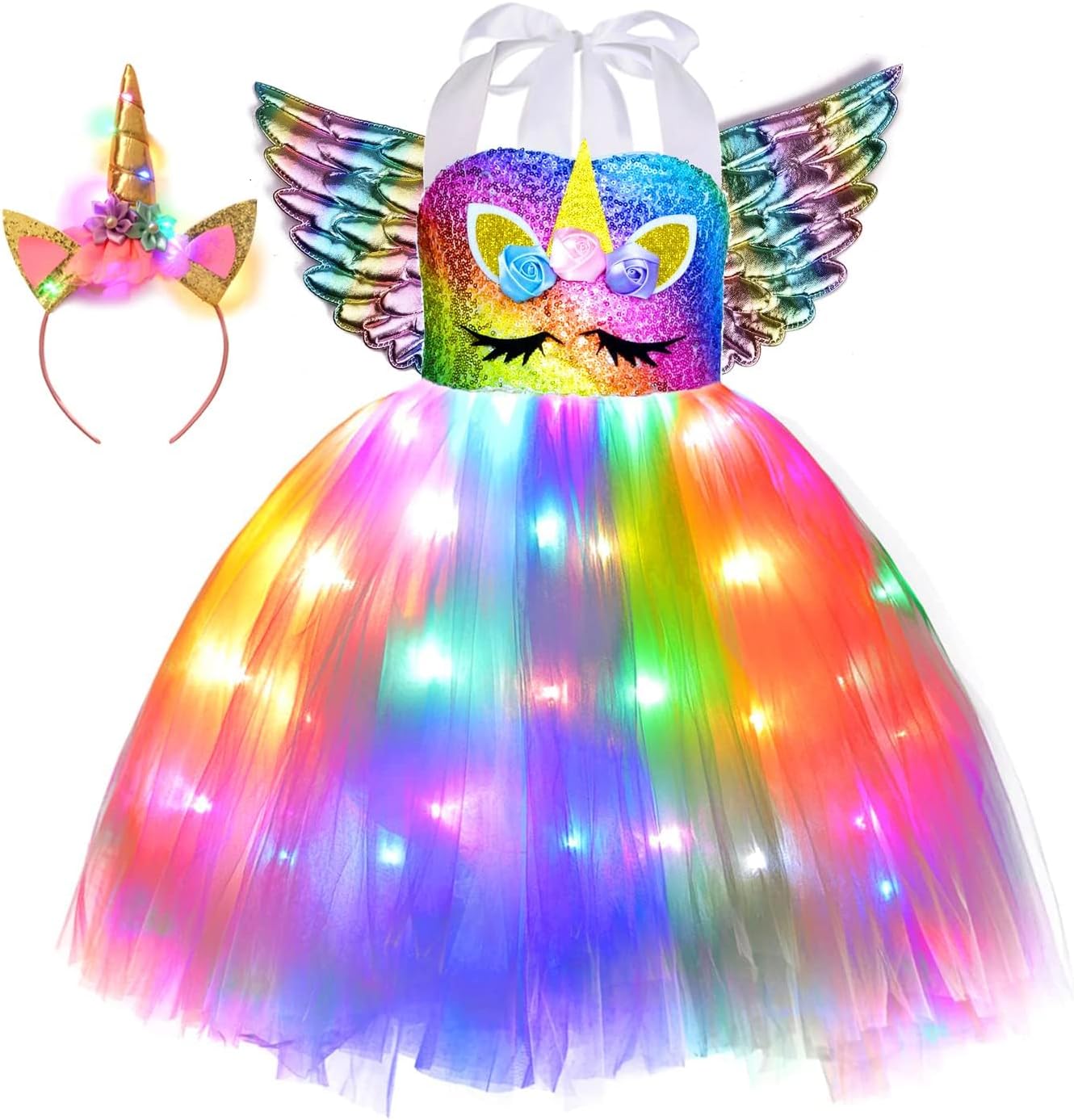 Tutu Dreams Halloween LED Unicorn Costume for Girls Rainbow Pink Light Up Tutu Dress with Headband Birthday Holiday Party