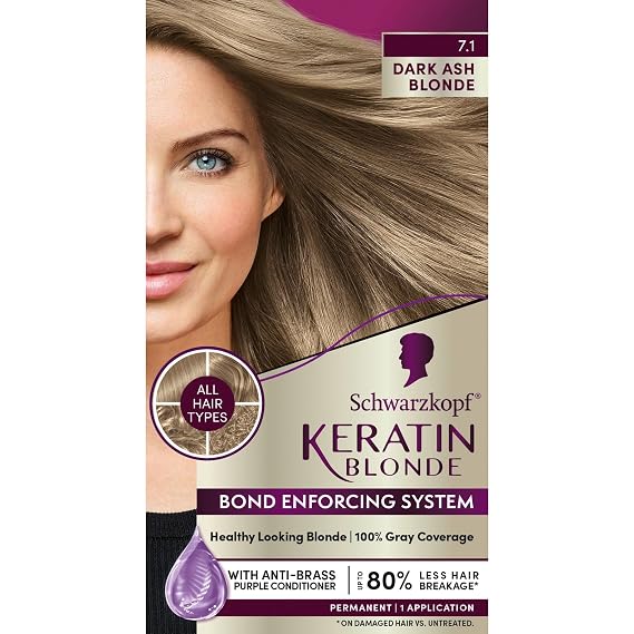 Schwarzkopf Keratin Blonde Hair Dye, 7.0 Dark Ash Blonde, Professional Quality Permanent Hair Color, Bond Enforcing System, Pre-Color Serum & Purple Conditioner Included