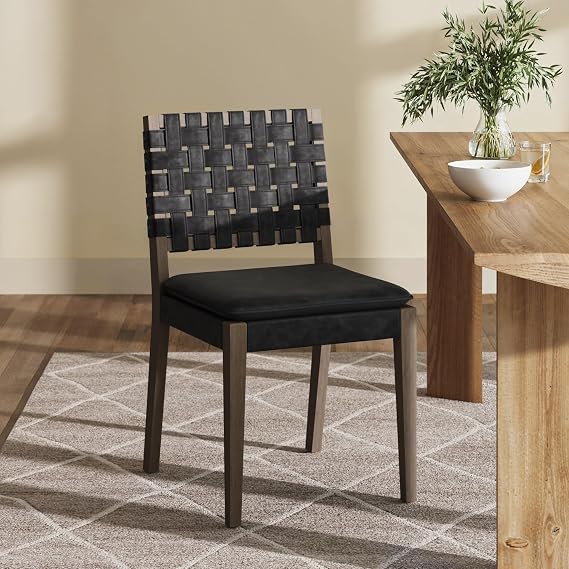 Nathan James Cohen 19 in. Wood Dining Chair, Mid-Century Modern Upholstered Side Chair with Hand Woven Faux Suede Backrest, Black