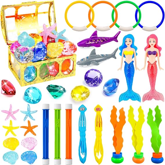 Rileryan 36 PCS Pool Diving Set Mermaid Pool Diving Rings Sticks Gems | Pirate Treasure Chest Underwater Dive Swimming Pool with Storage Bag Summer Water Sinking