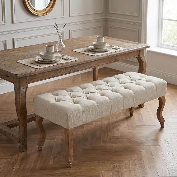 ECOTOUGE 40" Accent Bench, Upholstered Tufted Ottoman Bench French Vintage Entryway Bench Linen Fabric Padded Bench with Distressed Wood Legs for Dining Room, Foyer, Living Room, Bedroom, Beige