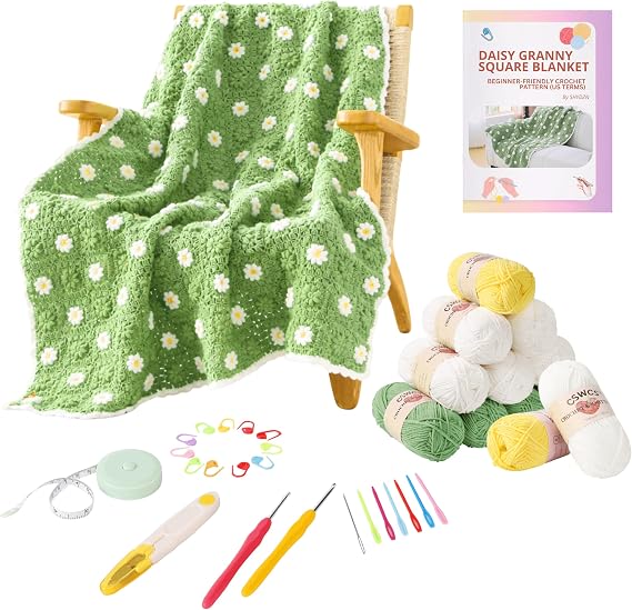 CSWCS Crochet Blanket Kit for Beginners, Daisy Granny Square Throw Kit for Adults, Easy Learn How to Knitting with Yarn & Hook, Complete Starter Set with Step-by-Step Instructions (39" x 31")