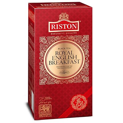 Riston Royal English Breakfast Black Tea Bags 25 Count Pure Leaf Unsweetened Black Tea Non-GMO Gluten Free Sold in 40 Countries Ceylon Tea Winter Tea Vegan Foil Enveloped Sachets, Pack of 1