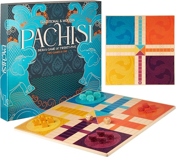 Pachisi: India's Game of Twenty-Five - Features 2-in-1 Modern and Traditional Rulesets - Double-Sided Board Game with Colorful Animal Pawns and Wooden Cowrie Shell - Family Game Night for 2-4 Players
