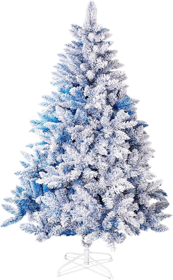 Outroad 6ft Snow Flocked Christmas Tree Premium Hinged Artificial Pine Tree,Xmas Tree Metal Stand and 800 Lush Branch Tips Holiday Decorate, Easy to Assemble,Blue
