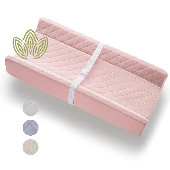 Organic Cotton Covered Contoured Baby Changing Pad | Waterproof Foam Mattress, Soft, Removable & Washable Cover, Safety Strap, Non-Slip Bottom, Topper for Standard Size Infant Diaper Table & Dresser
