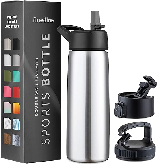 FineDine Insulated Water Bottle with Straw, 25 Oz, Brushed Stainless Steel