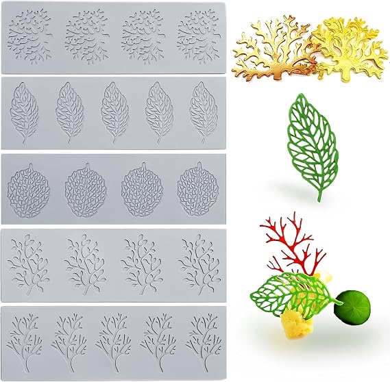 Fondant Molds 5pcs Leaf Silicone Molds 3D Coral Branch LeavesLace Pad Cake Mold, Chocolate Molds, Non-stick Polymer Clay Molds for Making Sugar Craft,