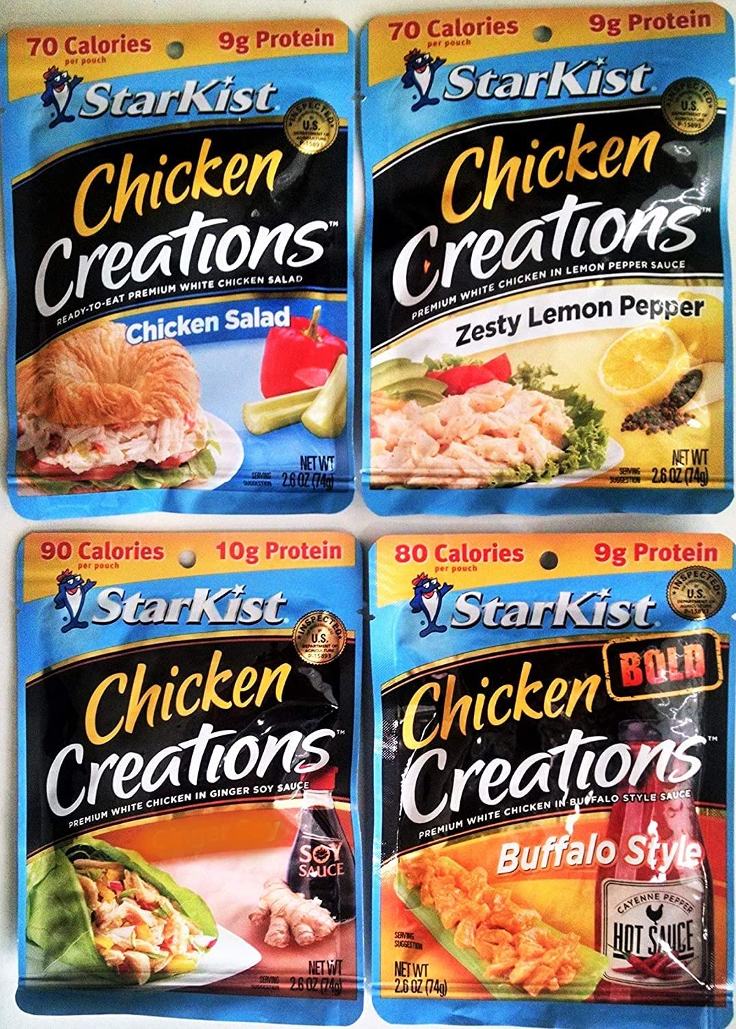 Starkist CHICKEN CREATIONS Ultimate Variety 8 Pack, NEW for 2018! 2 Packs each of CHICKEN SALAD, ZESTY LEMON PEPPER, BUFFALO STYLE, GINGER SOY