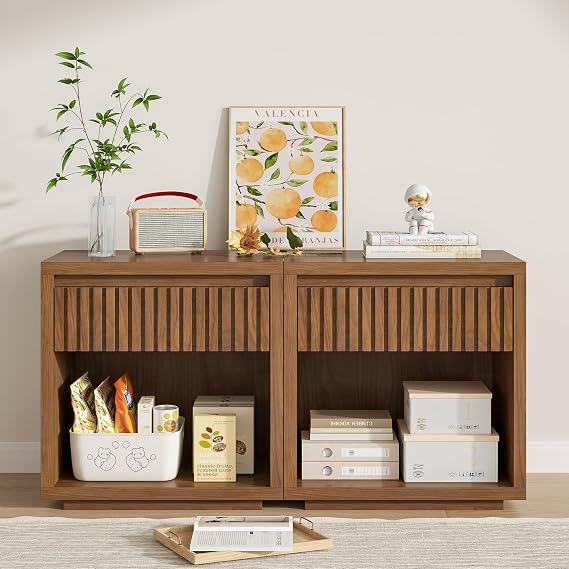 Oubayajia Nightstand Set of 2 with Fluted Drawer, Walnut 22.44in