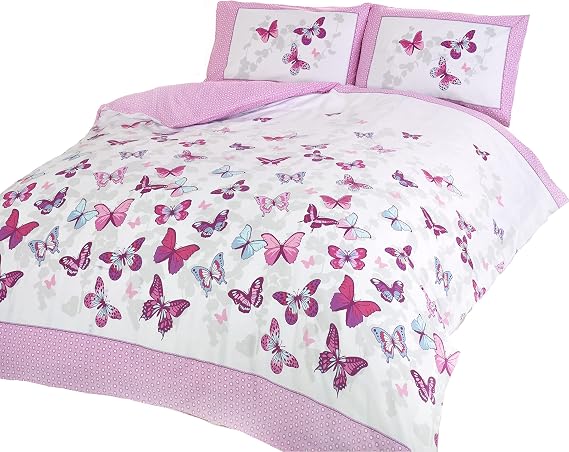 Rapport Home Furnishing Pink Butterfly Single Duvet Cover Set | Reversible Easy Care Polycotton Bedding with 1 Pillowcase - 135x200cm, Twin