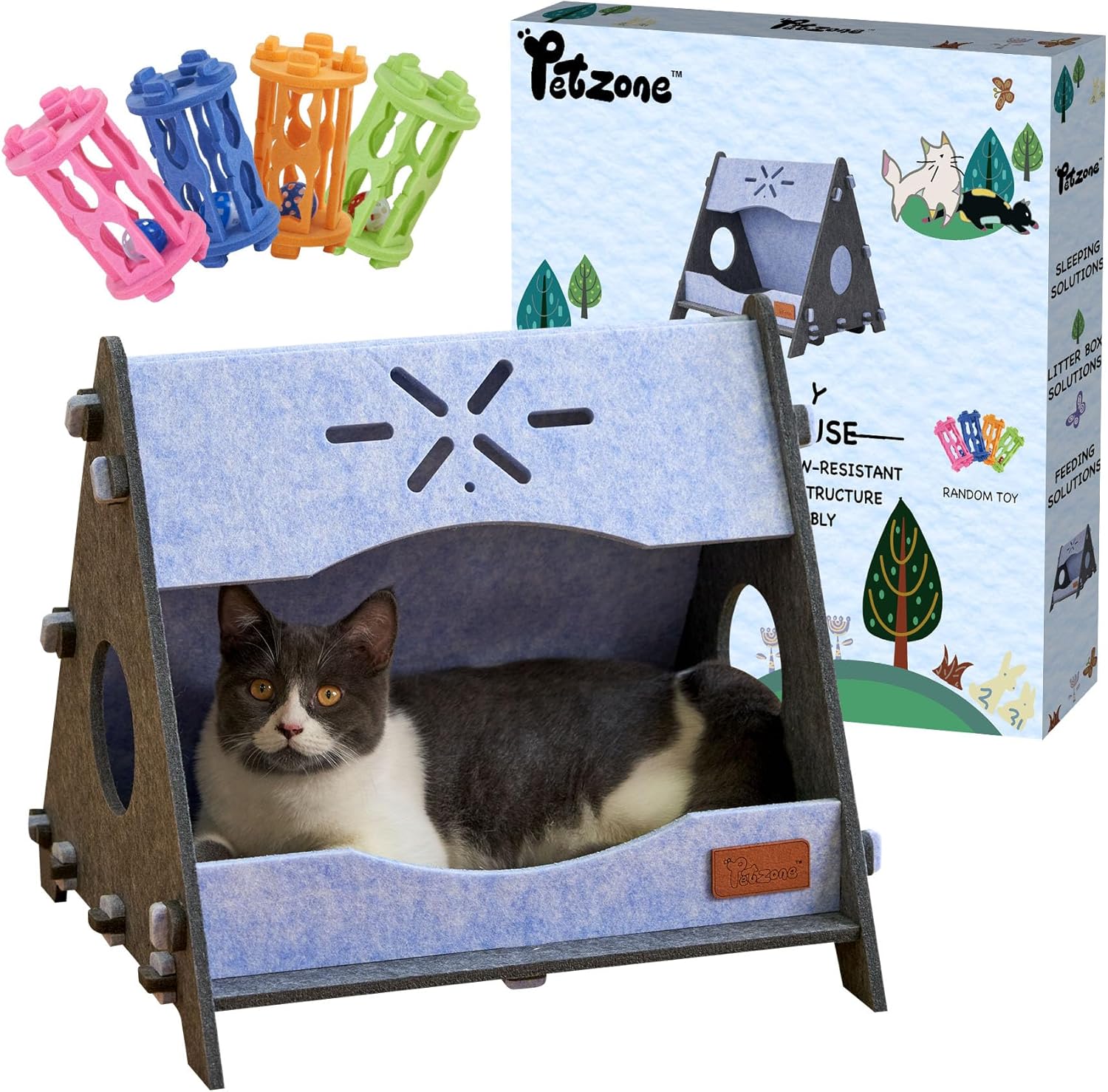 PETZONE Cat House for Indoor Cats, Cat Bed Cave for Multiple & Large Cats Up to 22 Lbs, Scratch Resistant Peekaboo Cat Caves, Foldable Cat Tunnel Enclosed Bed BlueGrey, Medium