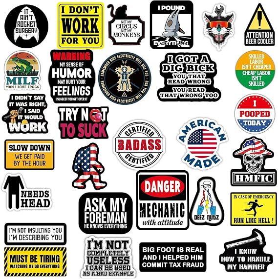 50 Hard Hat Stickers and Decals Funny Toolbox Warning Sticker Helmet Stickers Hard Hat Stickers for Men Construction - Welding Stickers Construction Stickers for Adults, Mechanics, Electricians