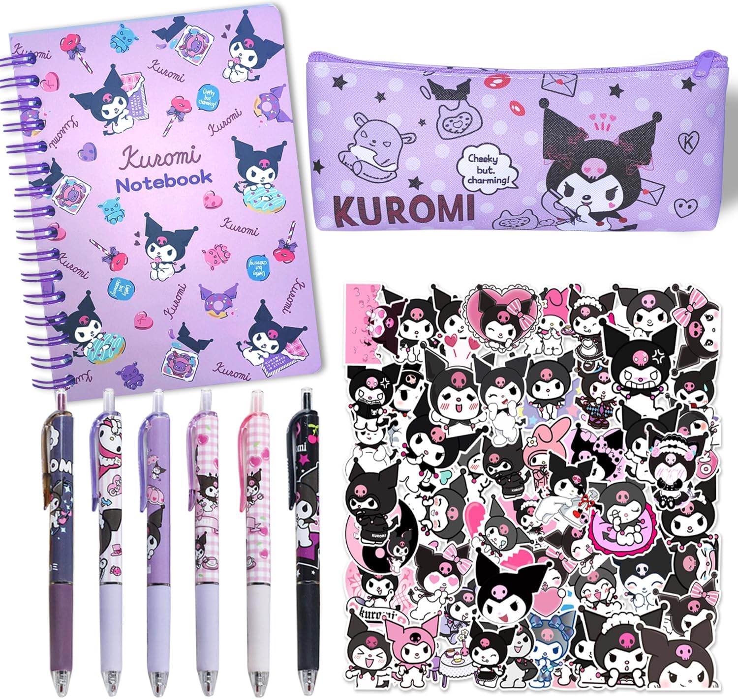 Kuromi School Supplies, Kawaii Kuromi School Supplies Gift Set, Includes Kuromi Theme Journal Pencil Case Ballpoint Pen Stickers for Girls Teens