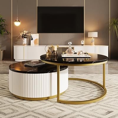 Nesting Coffee Table Set of 2 with Storage Drawers for Living Room Fluted Round Center Table Set for Saving Space, BlackGold