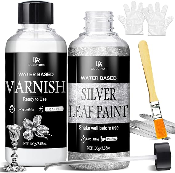 Liquid Silver Leaf Paint Kit - 3.53oz Ultra Shiny Quick Dry Metallic Gilding Paint, High Gloss Finish with Varnish - Non-Toxic, Waterproof Silver Leaf Paint for Crafts, Resin Art, DIY, Furniture, Wood