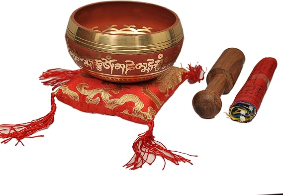 Tibetan Singing Bowl Set By Dharma Store - With Traditional Design Tibetan Buddhist Prayer Flag - Handmade in Nepal (Red)