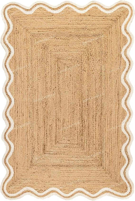 Natural Jute Scalloped Wave Area Rug 3x5 Ft - White Rectangular Double Trim Rugs for Home & Kitchen, Handmade Carpet, Natural Jute Hallway Large Rectangular Area Rug