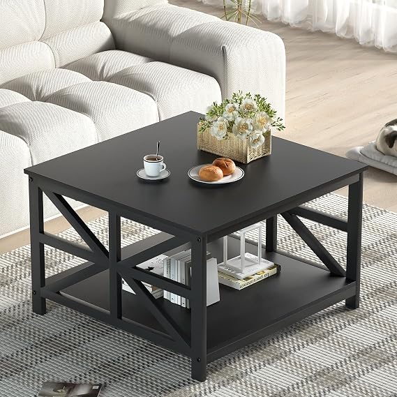 GreenForest 27.55 Inch Square Coffee Table with 2 Tier Storage