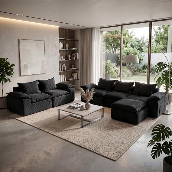 2Pcs Cloud Sectional Couch Sets, Convertible Modular Sofa. Black