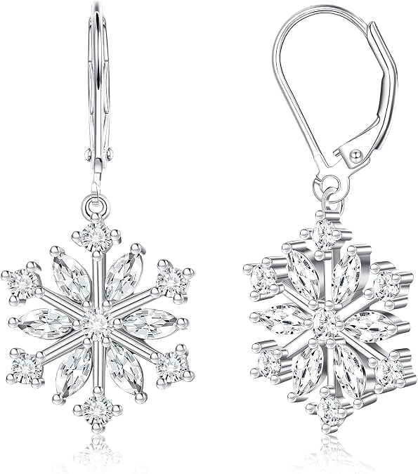 MILACOLATO 925 Sterling Silver Snowflake Earrings Christmas Jewelry Gifts | Birthstone Earrings Cubic Zirconia Winter Frozen Flower Earrings Leverback Snowflake Dangle Holiday Earrings for Women
