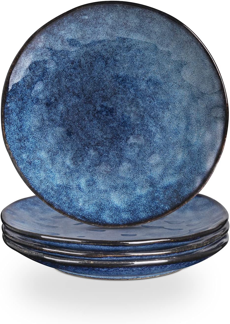 vicrays Porcelian Round Dessert Plate, 20.3 cm, Microwave, Oven, Dishwasher Safe, Scratch Resistant, Porcelain Fluted Suitable for Salad, Fruit, Snack, Home, Party, Set of 4 Coral Blue