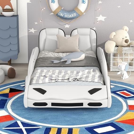 Twin Size Race Car-Shaped Platform Bed with Wheels,Bedroom Pine Wood Bed Frame W/Rails on Both Sides and Slat Support,Easy to Install,for Kids,Teens,Boys,Girls,White