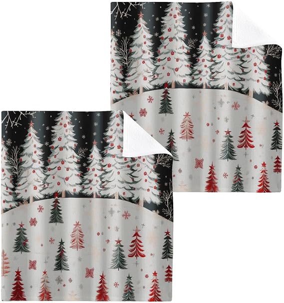 6 Pack Winter Forest Christmas Trees Pure Cotton Washcloths 12 x 12 Inch Reusable Absorbent Soft Cotton Face Towels Fingertip Towels Set for Gym Towels,Hotel and Spa
