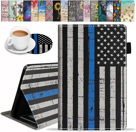 Case for Amazon Fire HD 10 & Fire HD 10 Plus Tablet (11th Generation, 2021 Release) - Premium PU Leather Cover with Auto Sleep Wake, Thin Blue Line American Flag