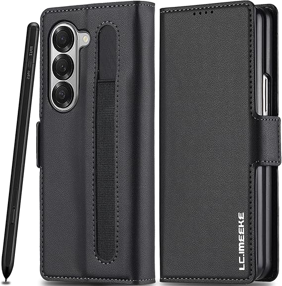 Leather Case for Galaxy Z Fold 6 [with S Pen Holder] Wallet Cover, RFID Blocking Card Slot, Kickstand, Magnetic Protective Phone Case, for Samsung Galaxy Z Fold 6 5G Case Leather Black
