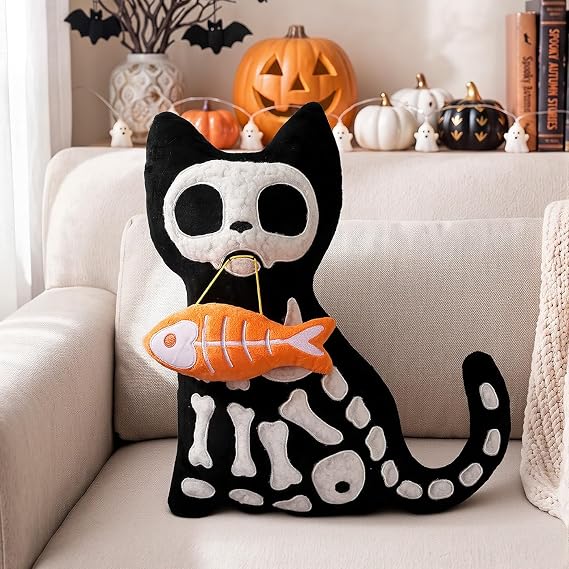 Bunny Chorus Halloween Decorations Plush Throw Pillow, Cute Black Cat Skeleton Stuffed Pillow with 3D Bone Applique and Orange Fishbone, Spooky Halloween Decor Indoor for Sofa Couch Bed Office