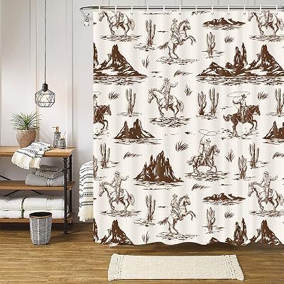Western Cowboy Shower Curtain with Cactus Landscape, American Wild West Cowboy on Horse in Desert Bath Curtain Farmhouse Country Southwestern Theme Bathroom Decor Set with Hooks 70X70IN Brown