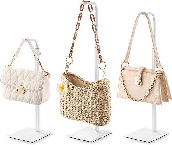 pickpiff 3-Pack Adjustable Purse Display Stands, White | Tabletop hook holders display handbags, wreaths and banners in closets, retail stores and vendor booths.