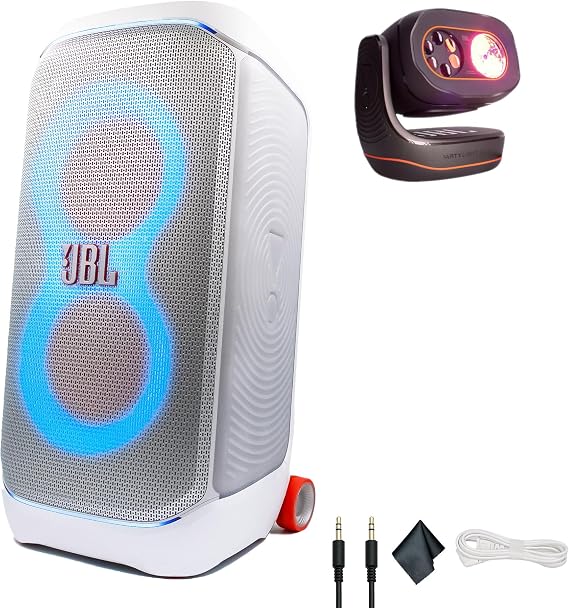 JBL PartyBox Stage 320 240W Portable Wireless Speaker (White), 18 Hour Battery, Splash Proof + Partylight Beam + AUX Cable + Microfiber Cloth