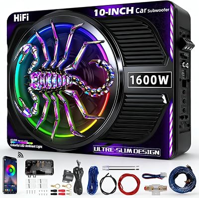 2026 Upgraded 1600W 10 Slim Under Seat Subwoofers with Amp & LED Ambient Lights for TruckCar - Deep Bass, Individual Controls LPFGainBass Boost, High Output Distortion-Free Audio