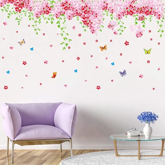 Amaonm Large Butterfly Floral Vine Wall Decals, Removable 3D Pink Flowers Butterflies Wall Stickers DIY Plants Vine Art Decor for Girls Bedroom Kids Nursery Living Room Home Wall Decoration