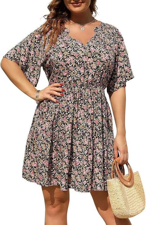 Nemidor Women Plus Size Summer Dress Casual Boho Mini Pocket