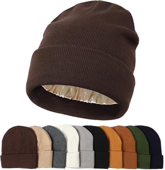 Satin Lined Beanie Hats for Women Men Knit Acrylic Beanie Winter Hat Silk Lining Soft Slouchy Warm Cuffed Beanie Hat Dark Brown