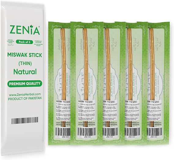 Zenia Natural Miswak Toothbrush (Extra Thin Sticks) - Vacuum Sealed Natural Flavor - for Healthy Gums & Teeth (Pack of 5)